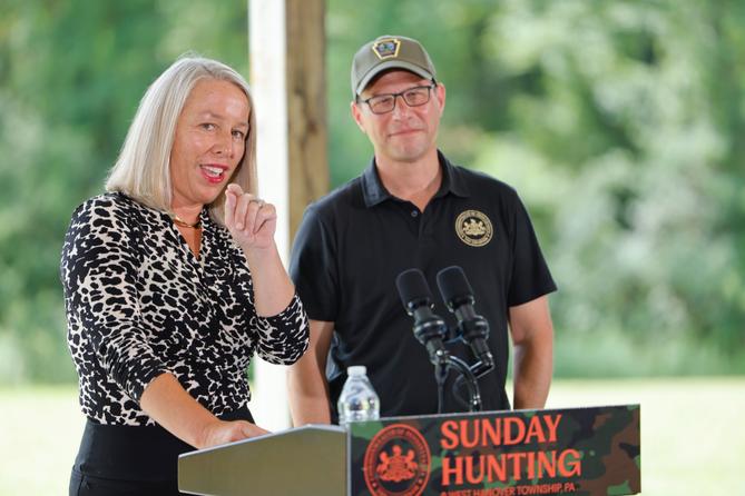 State Rep. Mandy Steele (D., Allegheny) and Democratic Gov. Josh Shapiro at the Sunday hunting bill signing.