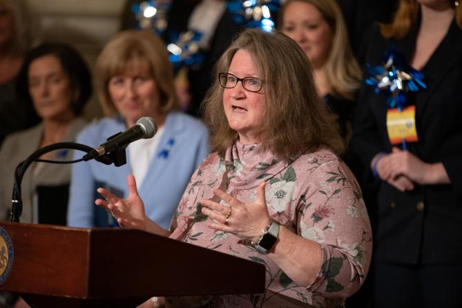 Cathleen Palm, founder of the Center for Children’s Justice, speaks in Harrisburg.