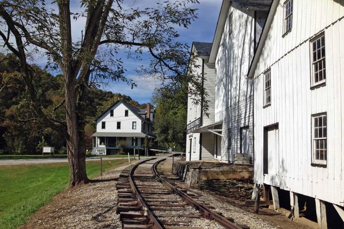 A portion of what was once the Maryland & Pennsylvania Railroad curves around a former flour mill in York County.