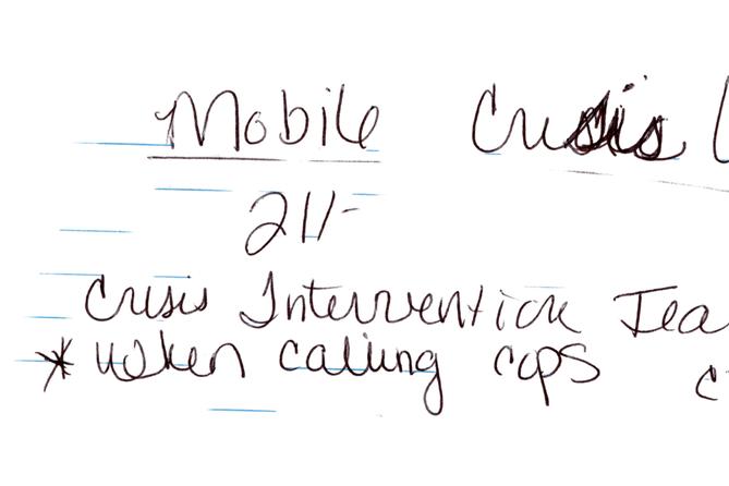 Handwritten message saying: mobile crisis unit 211 crisis intervention team when calling cops CIR office. 
