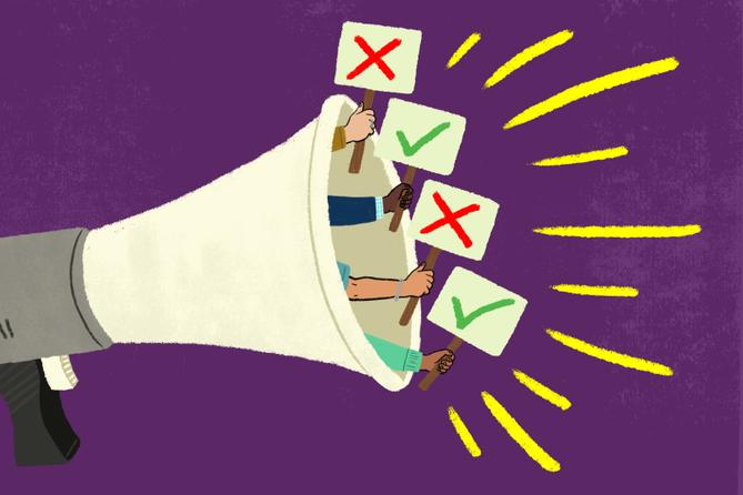 Illustration of a megaphone with people hanging out of the opening, holding up signs with red Xs or green check marks.