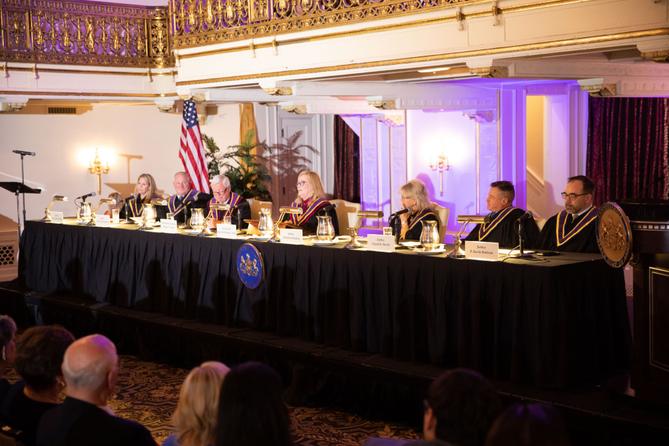 Most of the Pa. Supreme Court justices, pictured in 2023. Up for retention in 2025 are Dougherty (second from left), Donohue (fifth from left), and Wecht (sixth from left).