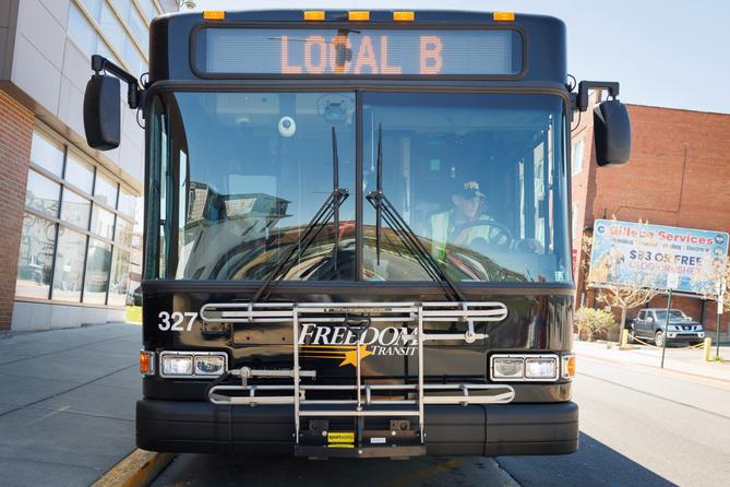 A Freedom Transit bus in Washington, Pennsylvania, pictured in April 2025.
