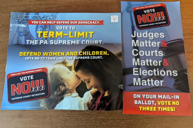 Three mailers paid for by Commonwealth Partners seeking to sway voters in upcoming retention elections.