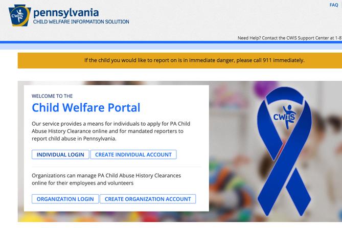 A screenshot of the Child Welfare Portal where reporters can report suspected child abuse
