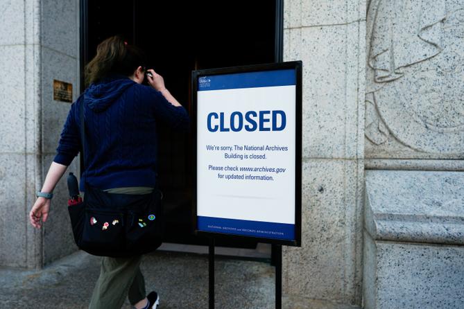 A closed sign stands in front of the National Archives on the first day of a government shutdown, Wednesday, Oct. 1, 2025, in Washington.