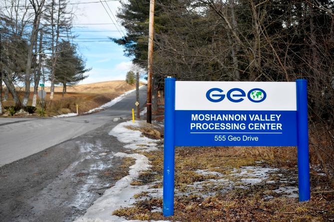 The sign for the GEO Group Moshannon Valley Processing Center immigration detention facility in Clearfield County.