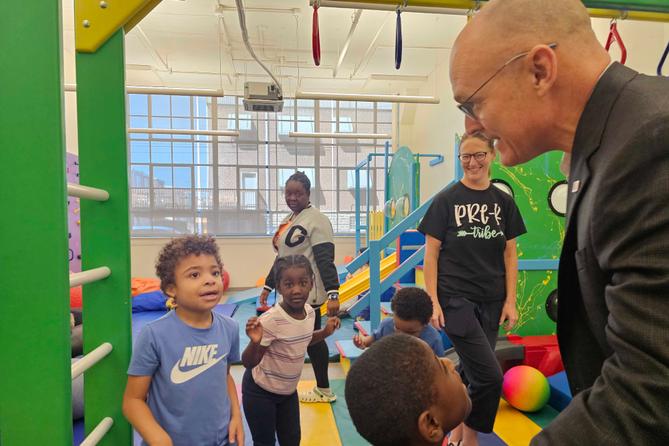 Easterseals executive Tim Kerrihard talks to students at the nonprofit's north Philadelphia community center on September 19, 2025.