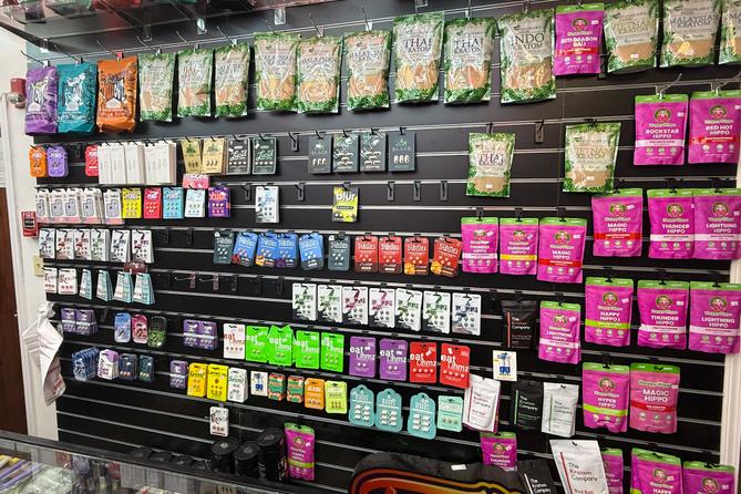 The back wall of Exotic Puff in Downtown Pittsburgh holds products containing kratom.