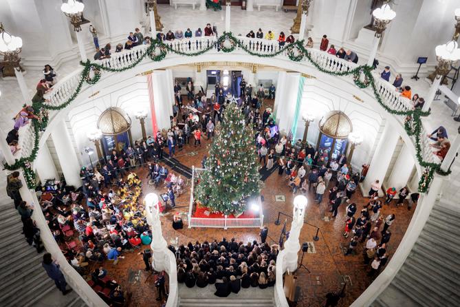 Gov. Josh Shapiro speaks during the 2025 Capitol Christmas tree lighting ceremony.