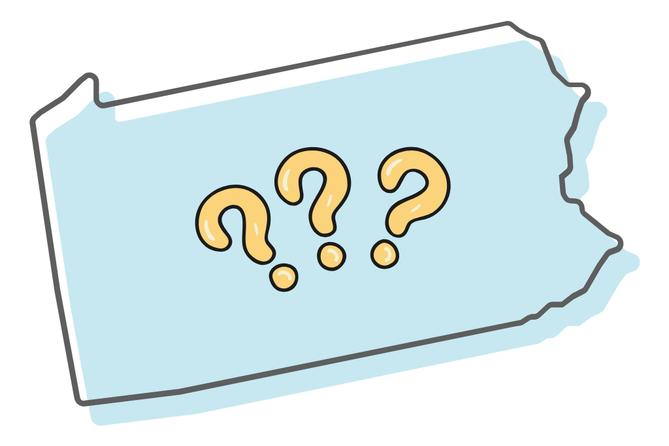 An outline of Pennsylvania with 3 question marks in the center