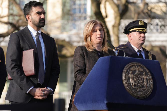 New York Police commissioner Jessica Tisch speaks during a news conference with New York Mayor Zohran Mamdani at Gracie Mansion, Monday, March 9, 2026, in New York.