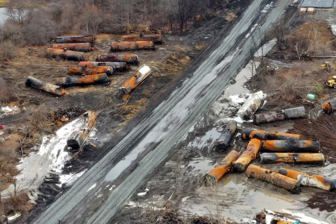 An aerial view of the cleanup of a derailed Norfolk Southern freight train, in East Palestine, Ohio, Feb. 9, 2023.