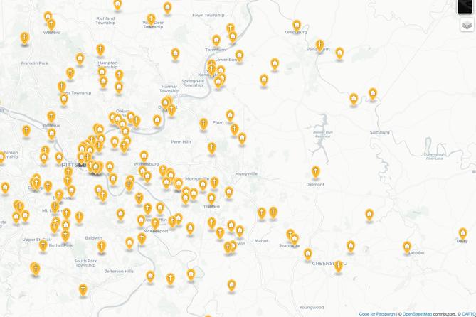 Screenshot from the Pittsburgh Lenten Fish Fry Map.