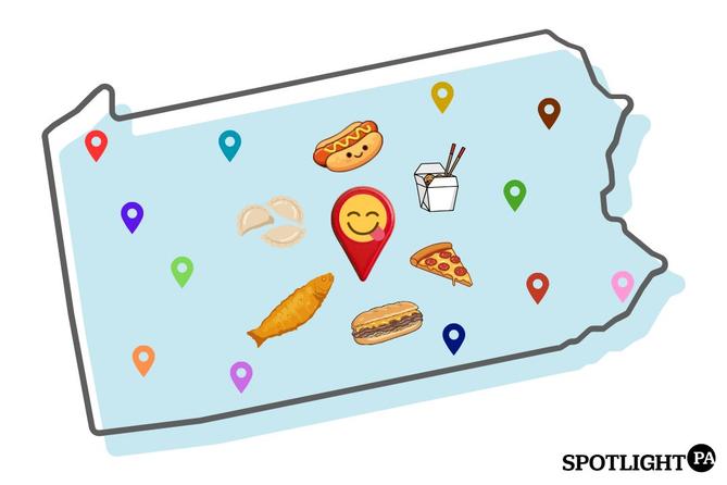 Illustration of Pennsylvania with select food items and location pins placed across the state. Illustration of Pennsylvania with select food items and location pins placed across the state.