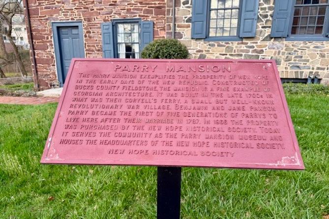 A historical marker about the Parry Mansion in New Hope, Pennsylvania.