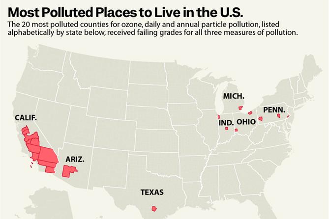 Map with top 20 most air-polluted counties in the United States highlighted in red.