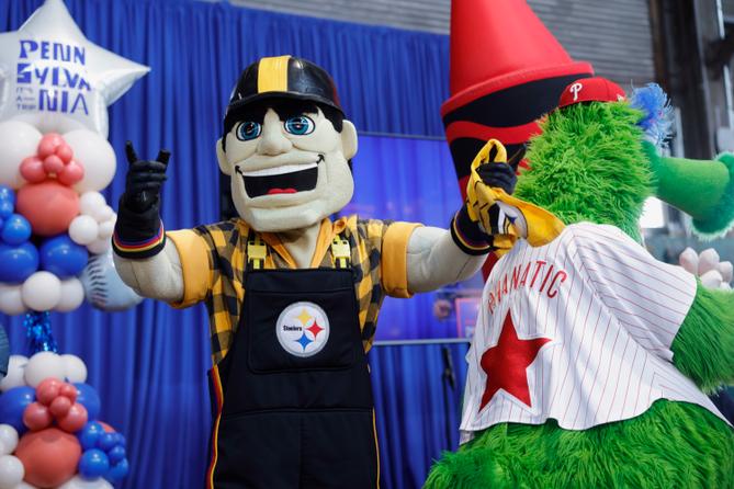 Sports mascots promoting the 2026 NFL Draft in Pittsburgh.