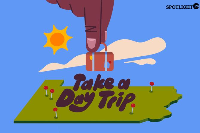 Illustration of a hand holding a suitcase over Pennsylvania’s silhouette.