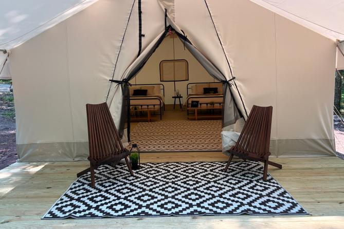 View of the porch outside a glamping tent at Hickory Run State Park View of the porch outside a glamping tent at Hickory Run State Park