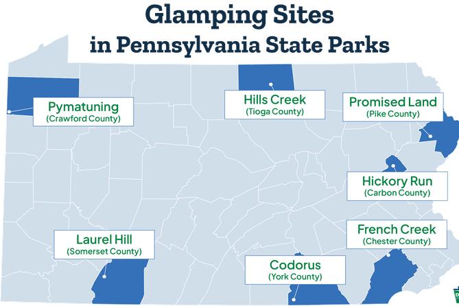Map of Pennsylvania parks participating in the glamping pilot Map of Pennsylvania parks participating in the glamping pilot