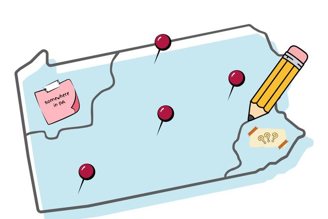 An illustration of a pencil drawing a squiggly line on a map of Pennsylvania that has sticky notes and pushpins stuck to it.