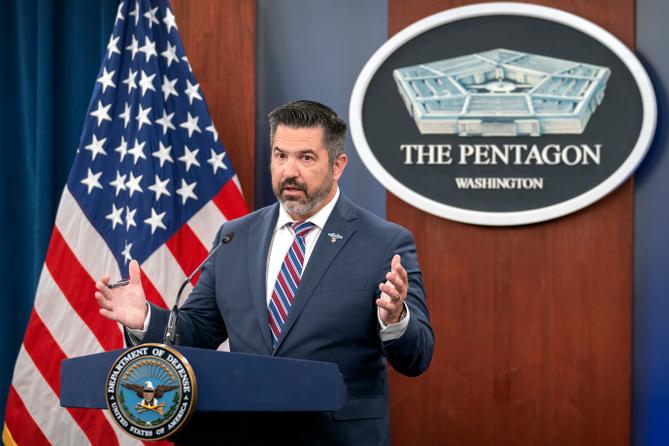 Pentagon spokesperson Sean Parnell speaks during a press briefing at the Pentagon. Pentagon spokesperson Sean Parnell speaks during a press briefing at the Pentagon.