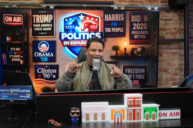 Victor Martinez, who runs La Mega 101.7, a Spanish-language radio station in Pennsylvania's Lehigh Valley, hosts a politics talk show from his studio in Allentown, Pa., Tuesday, Sept. 29, 2026 Victor Martinez, who runs La Mega 101.7, a Spanish-language radio station in Pennsylvania's Lehigh Valley, hosts a politics talk show from his studio in Allentown, Pa., Tuesday, Sept. 29, 2026