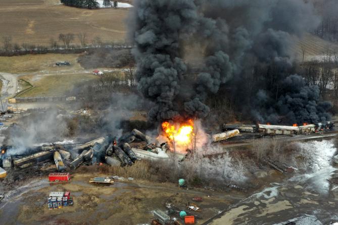 This photo taken with a drone shows portions of a Norfolk and Southern freight train, Feb. 4, 2023, that derailed in East Palestine, Ohio. This photo taken with a drone shows portions of a Norfolk and Southern freight train, Feb. 4, 2023, that derailed in East Palestine, Ohio.