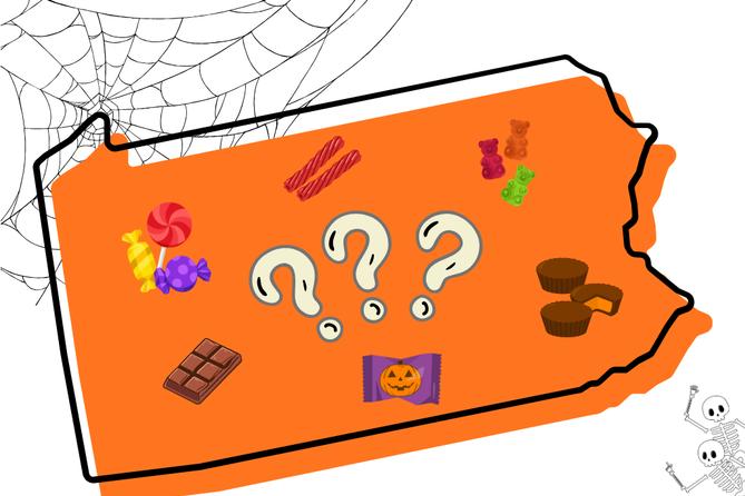 A Halloween-themed illustration of Pennsylvania featuring candies, cobwebs, skeletons, and a black cat. A Halloween-themed illustration of Pennsylvania featuring candies, cobwebs, skeletons, and a black cat.