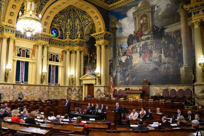 Secretary of State Al Schmidt delivers remarks at the start of Pennsylvania's 60th Electoral College meeting in Harrisburg.