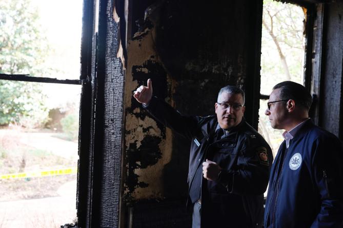Gov. Josh Shapiro is shown fire damage inside the Pennsylvania Governor’s Residence in Harrisburg.