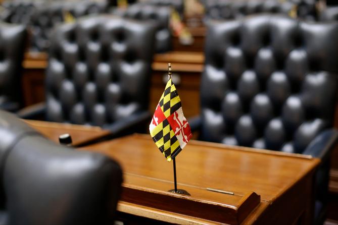 A miniature Maryland flag stands on a desk in the Maryland House of Delegates in Annapolis, Md., Wednesday, Jan. 14, 2015, the first day of the 2015 legislative session. A miniature Maryland flag stands on a desk in the Maryland House of Delegates in Annapolis, Md., Wednesday, Jan. 14, 2015, the first day of the 2015 legislative session.