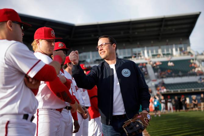 Gov. Josh Shapiro attends the Harrisburg Senators home open on April 11, 2023.