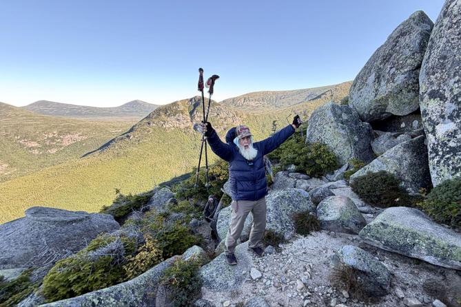 Dale Sanders, 91, celebrates after completing a difficult section of Mt. Katahdin, Monday, Aug. 31, 2026, in Baxter State Park in Piscataquis County, Maine. Dale Sanders, 91, celebrates after completing a difficult section of Mt. Katahdin, Monday, Aug. 31, 2026, in Baxter State Park in Piscataquis County, Maine.