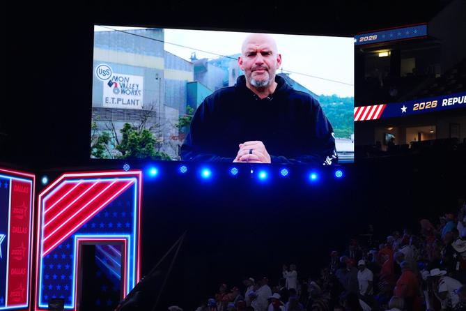 A video featuring Sen. John Fetterman, D-Pa., plays at the Republican convention Wednesday, Sept. 9, 2026, in Dallas. A video featuring Sen. John Fetterman, D-Pa., plays at the Republican convention Wednesday, Sept. 9, 2026, in Dallas.