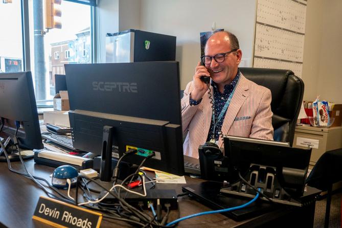 Snyder County election director Devin Rhoads fields calls during Pennsylvania’s 2024 primary election.