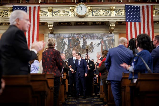 Gov. Josh Shapiro greets members of the legislature before unveiling his budget proposal in February 2025. Gov. Josh Shapiro greets members of the legislature before unveiling his budget proposal in February 2025.