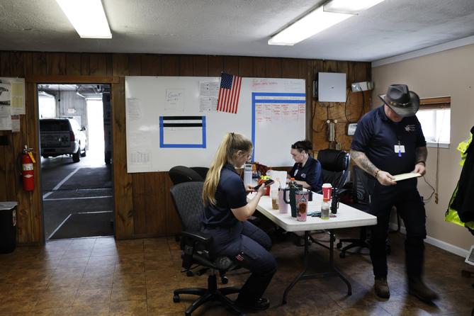 Moshannon Valley EMS crew file paperwork as they wait for their next emergency response call. Moshannon Valley EMS crew file paperwork as they wait for their next emergency response call.