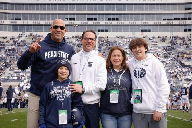 Pennsylvania Gov. Josh Shapiro and his family attend the Penn State v. Michigan game on Nov. 11, 2023, in State College.