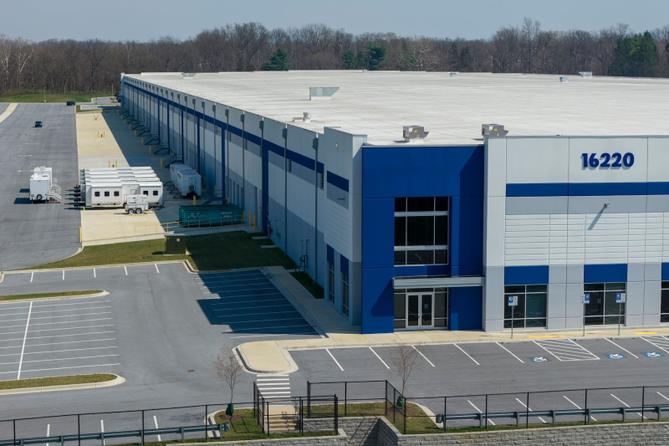 Trailers outside a proposed ICE detention center in a small community in western Maryland.