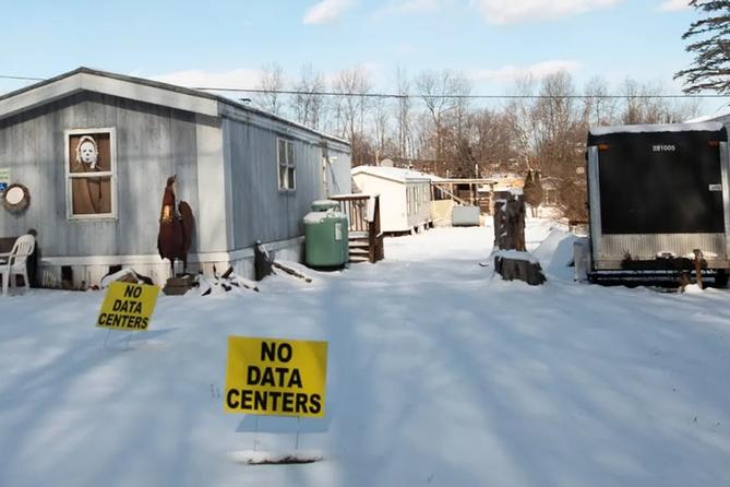 A “no data centers” sign sits in front of a home in Valley View Estates, which is set to be surrounded by data centers. A “no data centers” sign sits in front of a home in Valley View Estates, which is set to be surrounded by data centers.