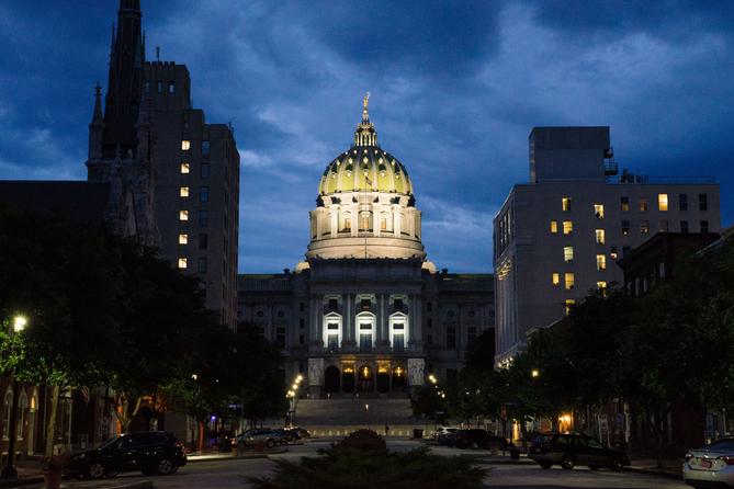 The Pennsylvania Capitol at night.