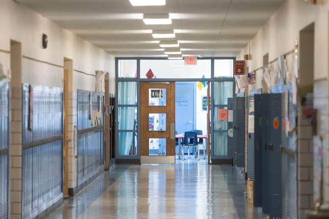 An empty hallway in Clearfield Elementary School.