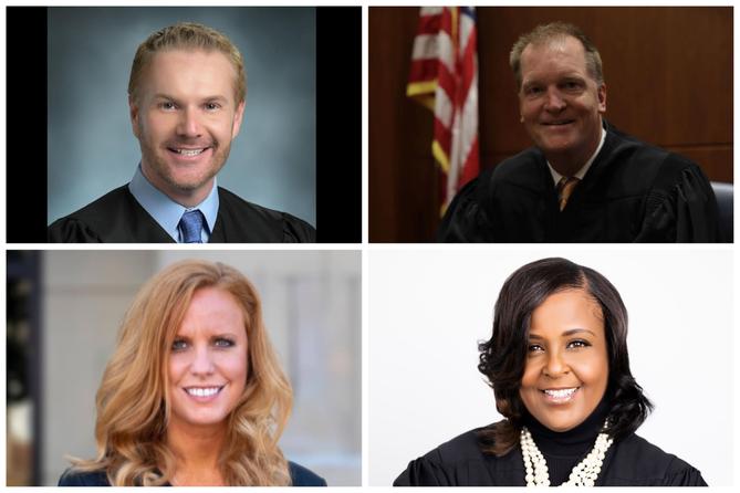 From upper left, clockwise: Commonwealth Court candidates David Lee Spurgeon, Drew Crompton, Lori Dumas, Stacy Wallace.