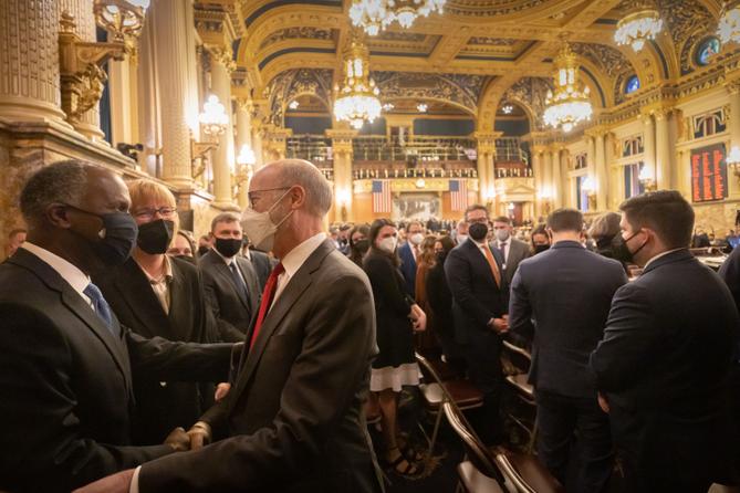 “These are days of opportunity for our commonwealth,” Gov. Tom Wolf told a joint session of the legislature Tuesday. “That’s because, at long last, our fiscal house is in order. … We are no longer digging out of a hole.”