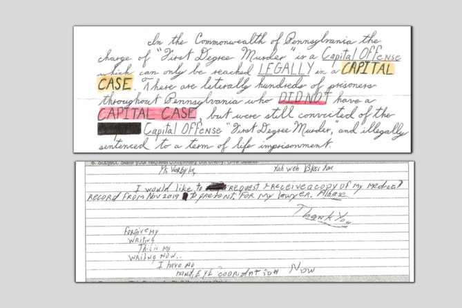 Letters from Raymond Caliman, who is serving a life sentence in Pennsylvania state prison, show how his handwriting changed from August 2019 to January 2020 as his health declined.