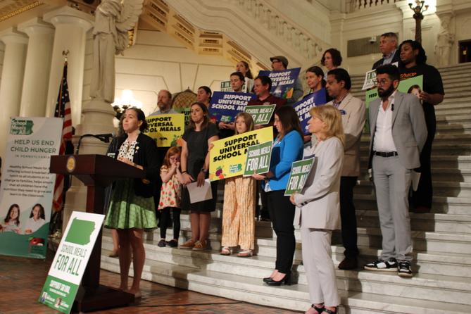 Rep. Emily Kinkead (D., Allegheny) speaks at an event in favor of free school lunches in June, 2025.