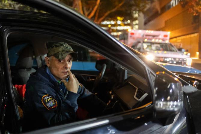 FDNY paramedic supervisor Alex Gomez sleeps in a Harlem Hospital space for emergency workers since he can’t make the long commute back to PA each night.