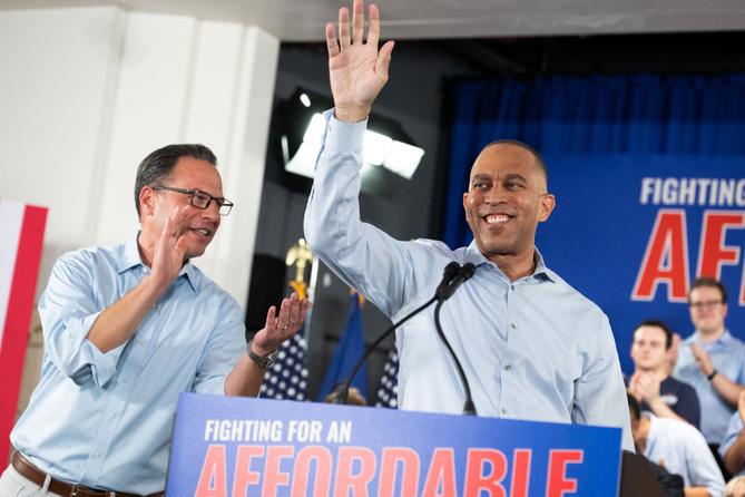 PA Gov. Josh Shapiro, left, and U.S. House Democratic Leader Hakeem Jeffries attend the campaign event for Democratic congressional candidate Bob Brooks ahead of the midterm elections at a Steelworkers Union Hall in Bethlehem, PA. PA Gov. Josh Shapiro, left, and U.S. House Democratic Leader Hakeem Jeffries attend the campaign event for Democratic congressional candidate Bob Brooks ahead of the midterm elections at a Steelworkers Union Hall in Bethlehem, PA.